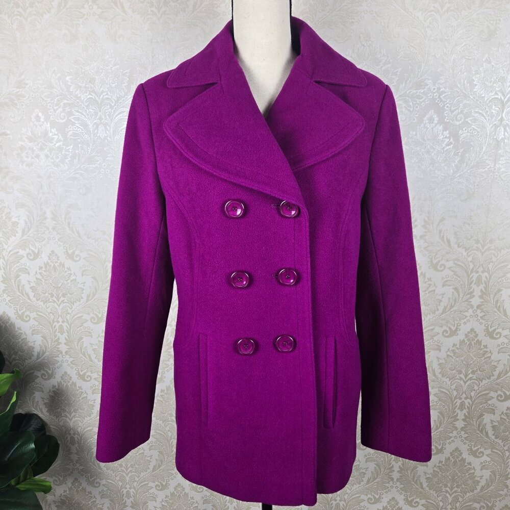Preston & York Size 10 Magenta Pea Coat Wool Blend Double Breasted Pockets Warm